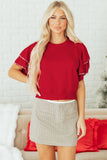 Red Pearl Embellished Double Ruffle Short Sleeve Sweater