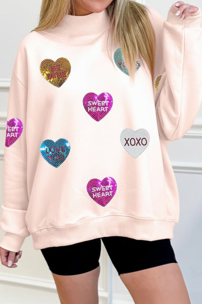 Apricot Pink Sequin Hearts Patchwork Drop Shoulder Mock Neck Sweatshirt