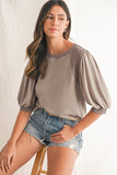 Mocha Bishop Sleeve Contrast Trim Crew Neck Blouse
