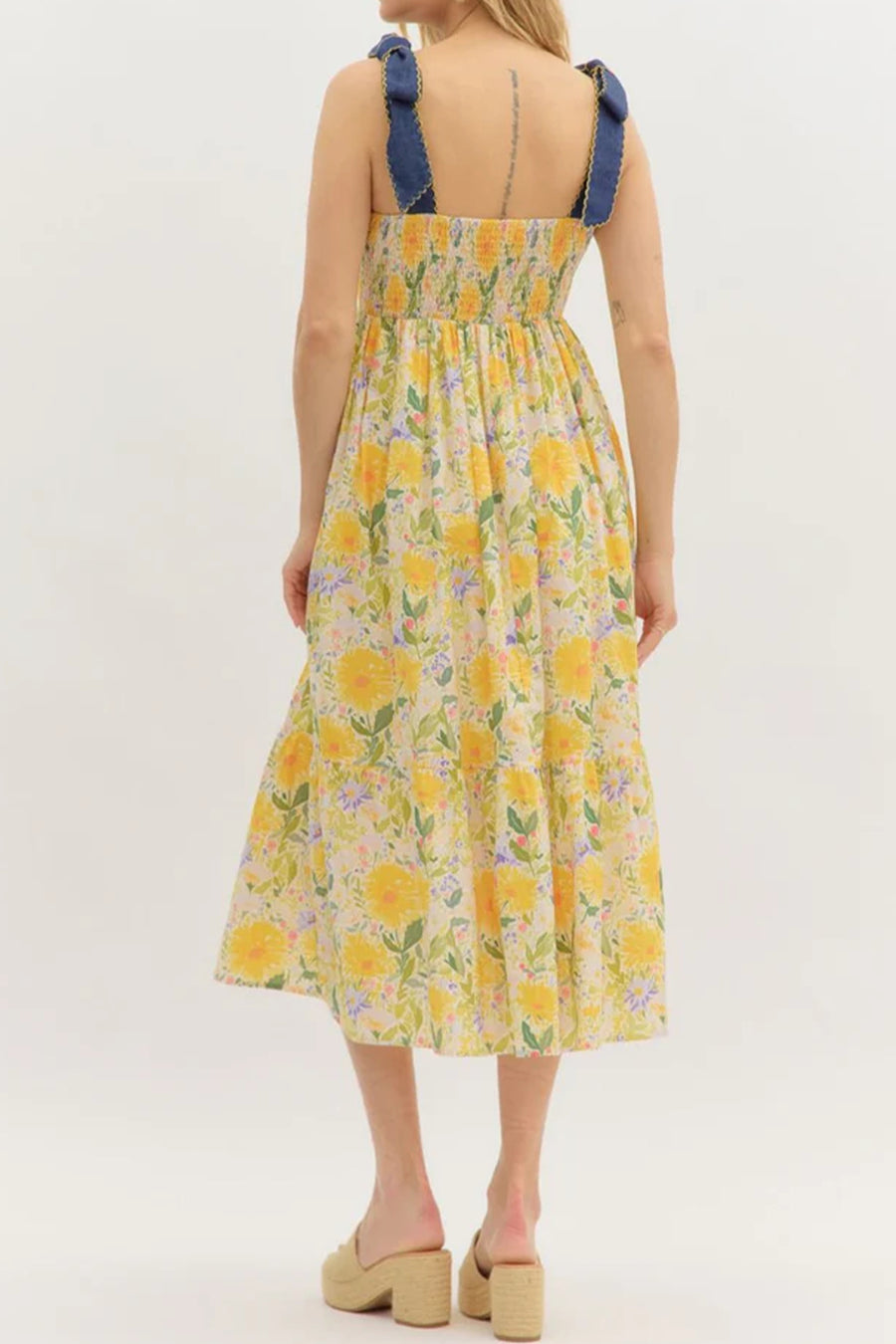 *Backorder* Floral Print Denim Straps High Waist Maxi Dress