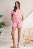 Pink Striped Crew Neck T-Shirt and Drawstring Shorts Set