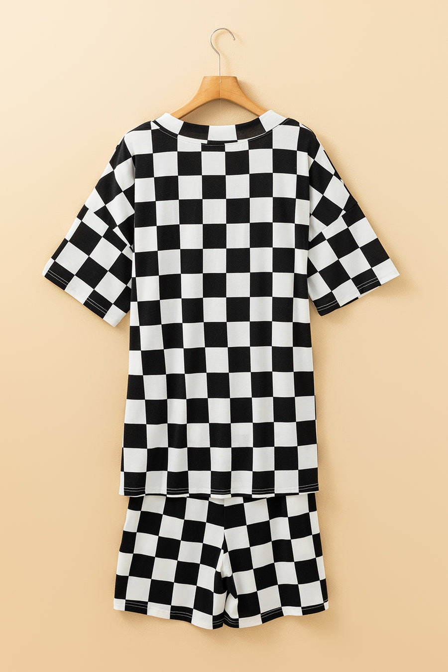 Black Checkered Print V Neck Pocketed Pajama Set