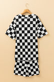 Black Checkered Print V Neck Pocketed Pajama Set