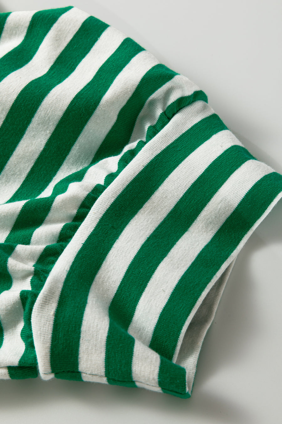 Green Striped Collared V-Neck Short Puff Sleeve Top