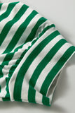 Green Striped Collared V-Neck Short Puff Sleeve Top