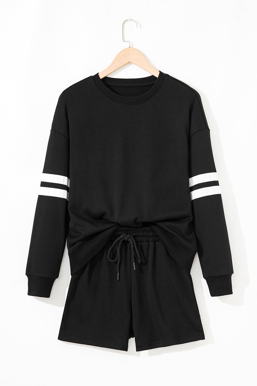 Varsity Striped Sleeve Drop Shoulder Sweatshirt and Shorts Set- 5 Colors