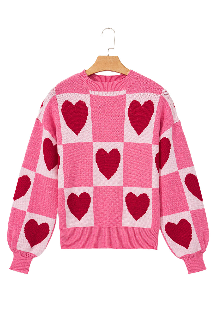 Pink Heart & Checkered Pattern Drop Shoulder Crew Neck Knit Sweater