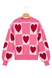 Pink Heart & Checkered Pattern Drop Shoulder Crew Neck Knit Sweater