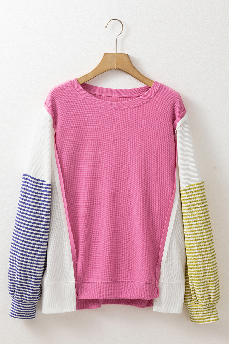 Pink Multi Waffle Patchwork Striped Sleeve Long Sleeve Shirt