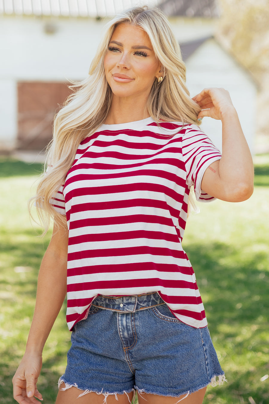 Red and White Striped Crew Neck T-Shirt