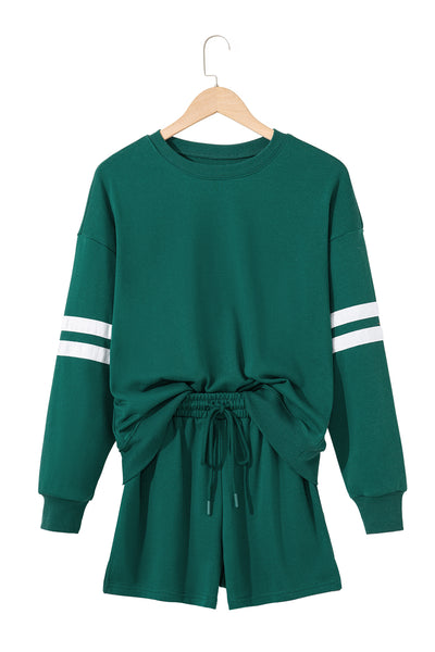 Varsity Striped Sleeve Drop Shoulder Sweatshirt and Shorts Set- 5 Colors
