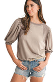 Mocha Bishop Sleeve Contrast Trim Crew Neck Blouse