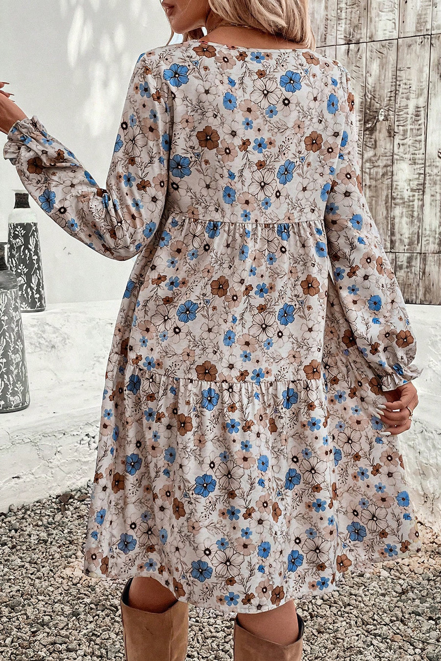 Khaki Floral Print Long Sleeve Tiered Mini Dress