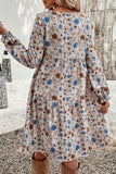 Khaki Floral Print Long Sleeve Tiered Mini Dress
