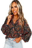 Black Floral Collared Button-Up Lantern Sleeve Blouse