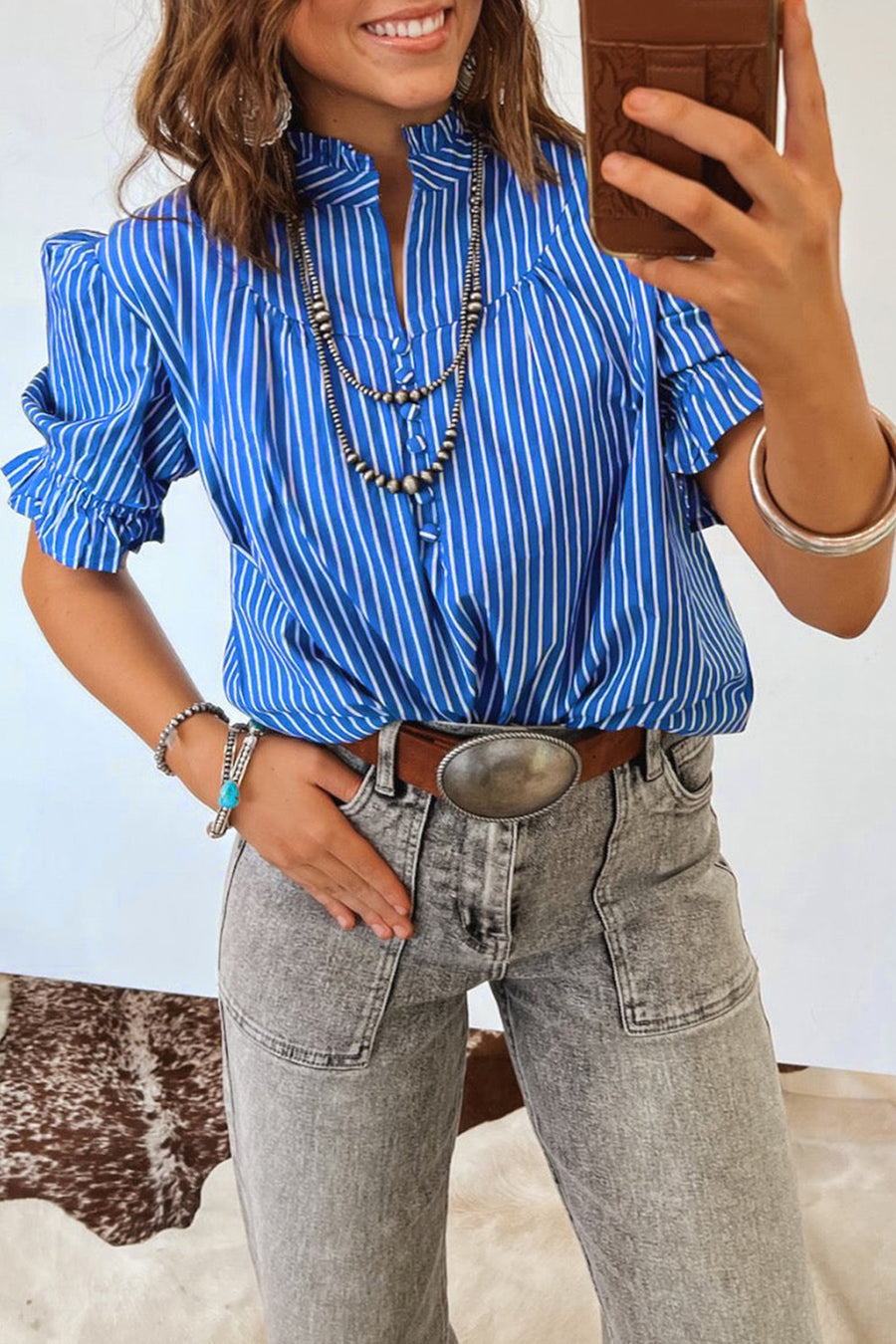 Striped Frill Neck Ruffled Short Puff Sleeve Button-Up Blouse- 2 Colors
