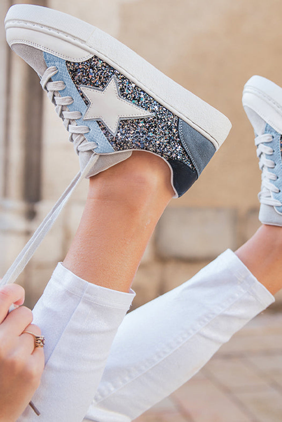 Glitter & Star Patchwork PU Leather Sneakers- Blue Multi