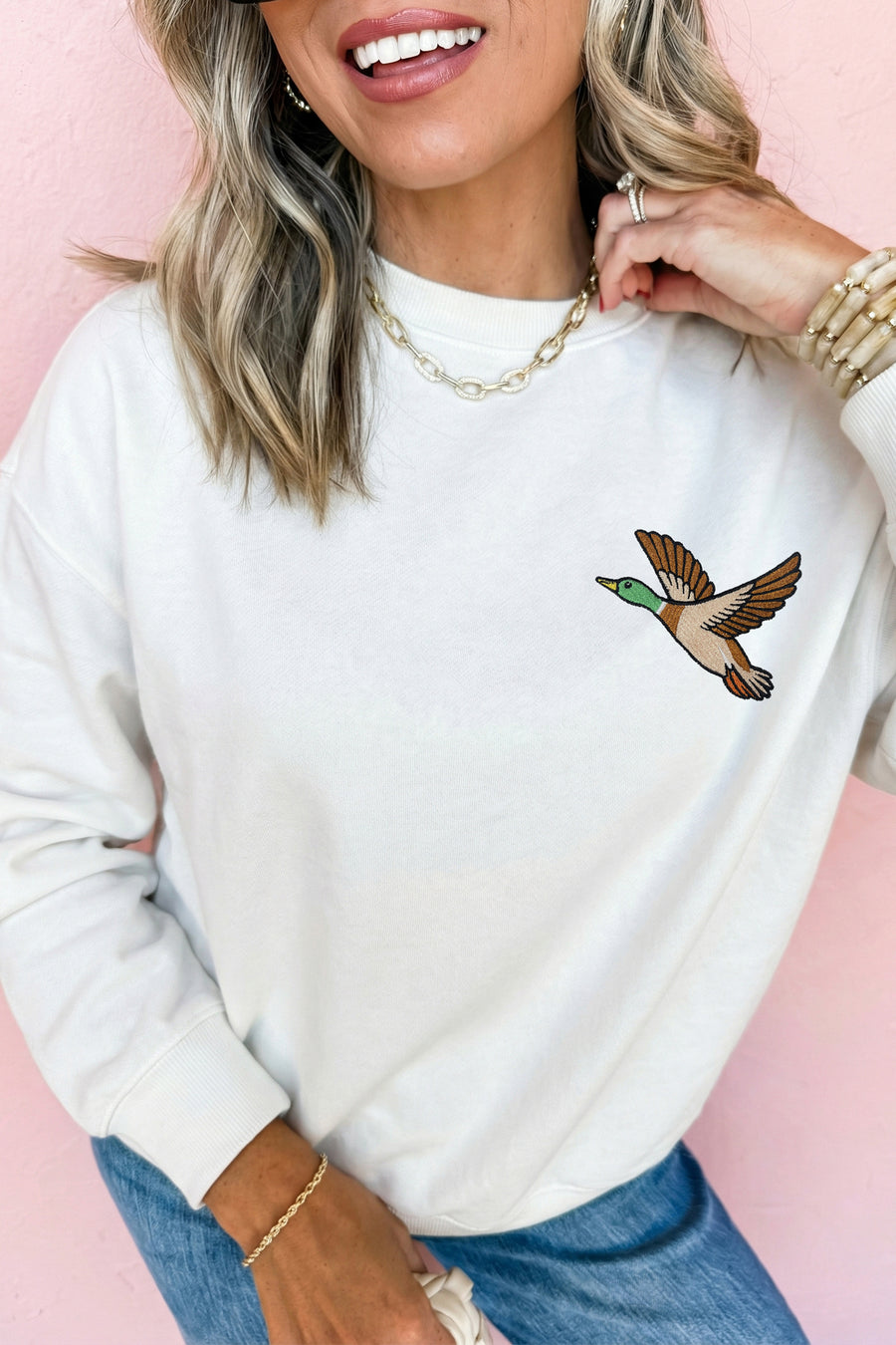 White Embroidered Mallard Duck Relaxed Sweatshirt