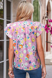 Pink Flutter Sleeve Frill V Neck Floral Top