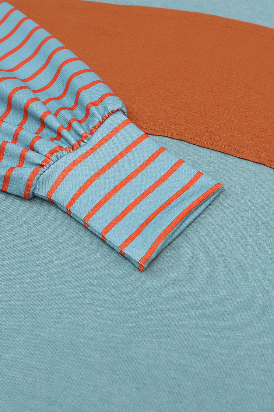 Duck Egg and Rust Color Block Striped Long Bishop Sleeve Side Slit T-Shirt