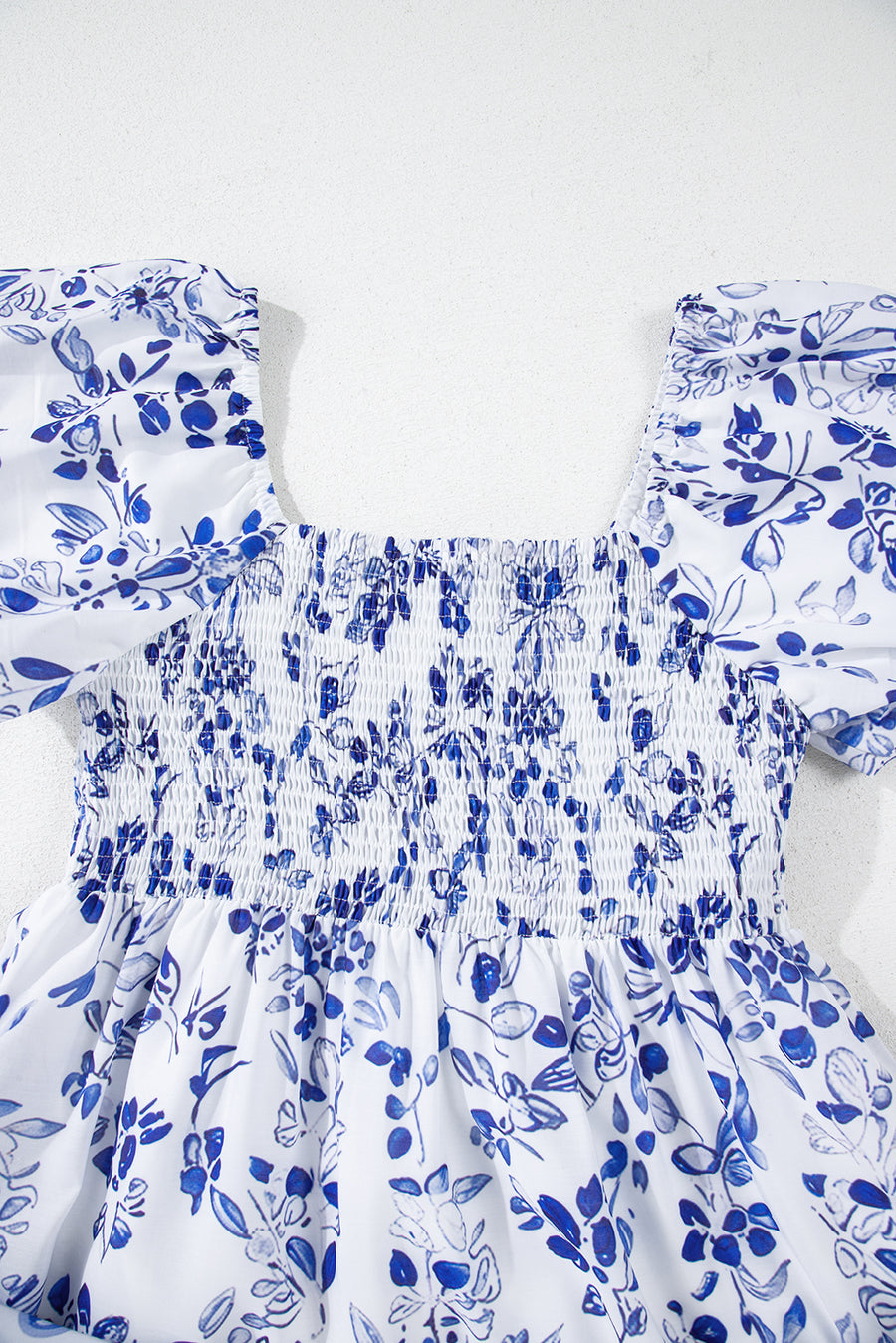 Blue Multi Floral Print Square Neck Bubble Sleeve High Waist Maxi Dress