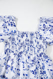 Blue Multi Floral Print Square Neck Bubble Sleeve High Waist Maxi Dress