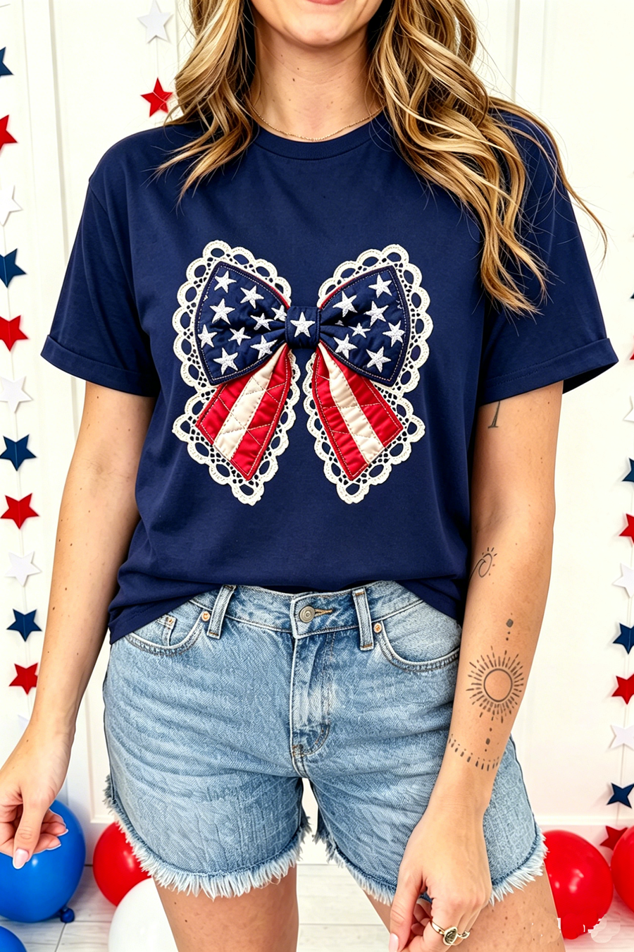 Navy Blue Faux Patchwork American Bow Graphic T-Shirt