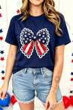 Navy Blue Faux Patchwork American Bow Graphic T-Shirt