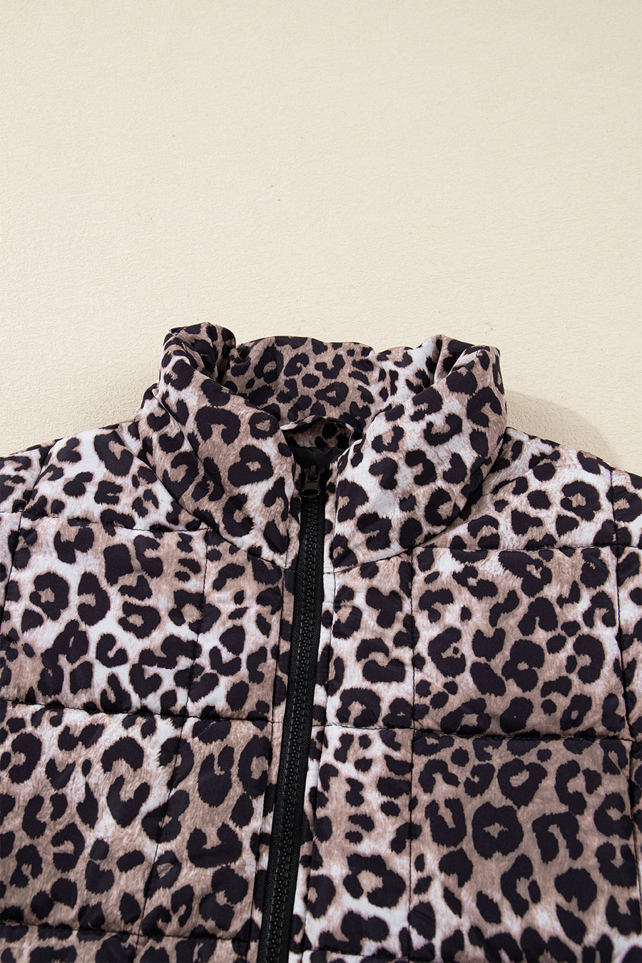 Brown Leopard Quilted Full Zipper Casual Puff Vest