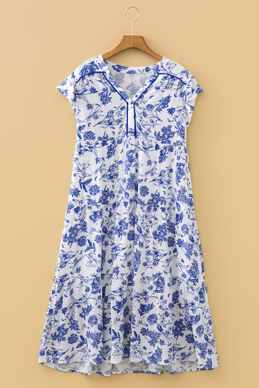 Blue Floral Ruffled Short Sleeve Tiered Midi Dress