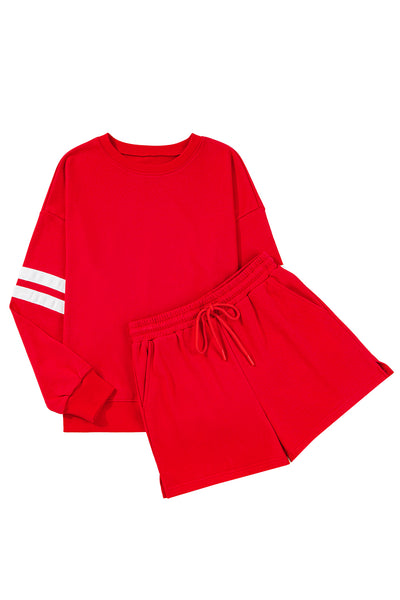 Varsity Striped Sleeve Drop Shoulder Sweatshirt and Shorts Set- 5 Colors