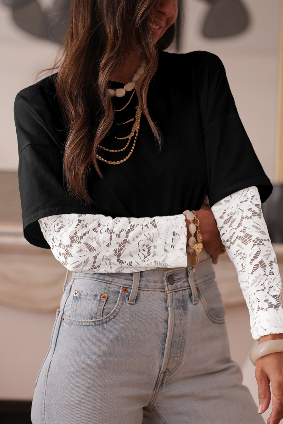 Lace Long Sleeve Drop Shoulder T-Shirt- 2 Colors