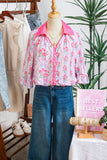 Bright Pink Bow Bouquets Collared Ruffled Short Sleeve Button-Up Blouse