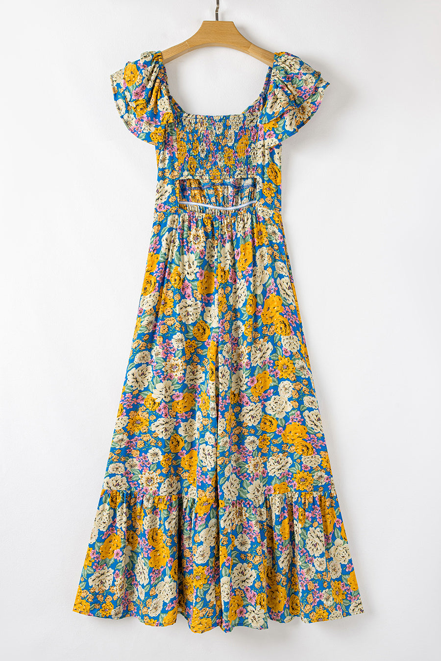 Yellow Floral Print Shirred Cut-Out High-Waist Jumpsuit