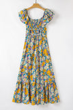 Yellow Floral Print Shirred Cut-Out High-Waist Jumpsuit