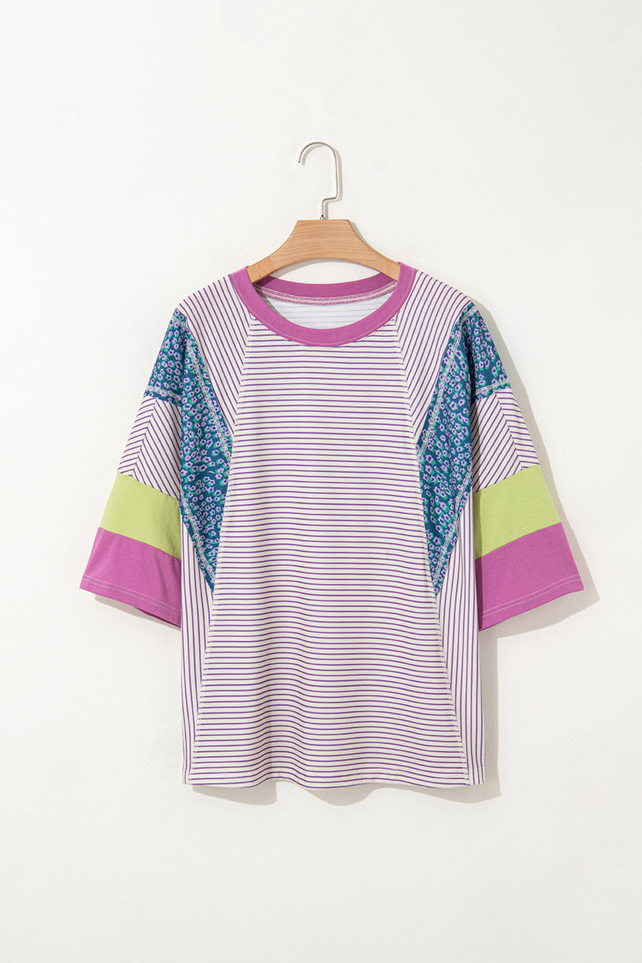 Purple Stripe Floral Color Block Patchwork Stitching Edge T-Shirt