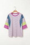 Purple Stripe Floral Color Block Patchwork Stitching Edge T-Shirt