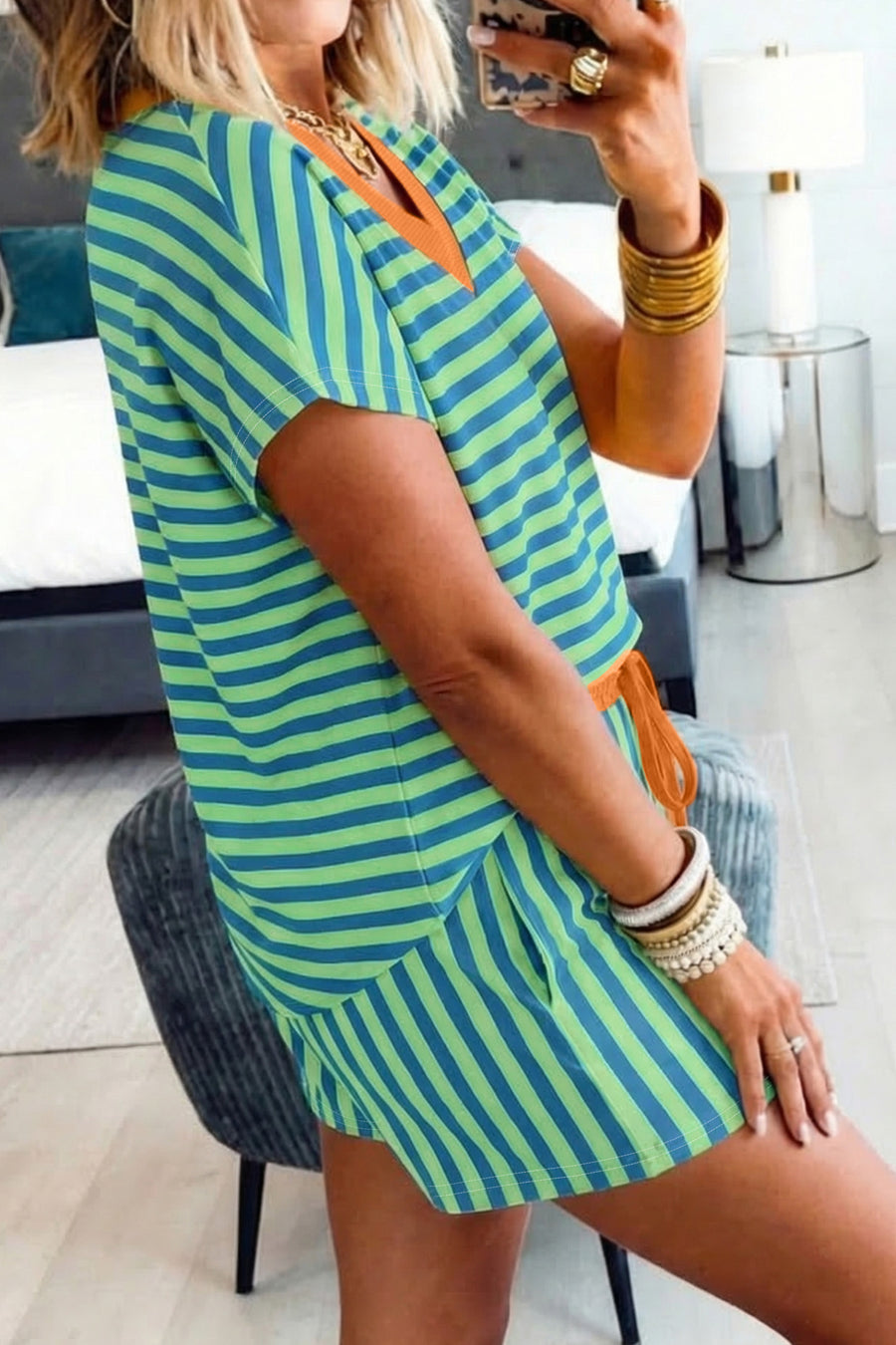 Striped Contrast Trim V-Neck T-Shirt and Drawstring Elastic Waist Shorts Set- 4 Colors