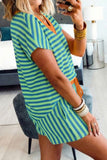 Striped Contrast Trim V-Neck T-Shirt and Drawstring Elastic Waist Shorts Set- 4 Colors