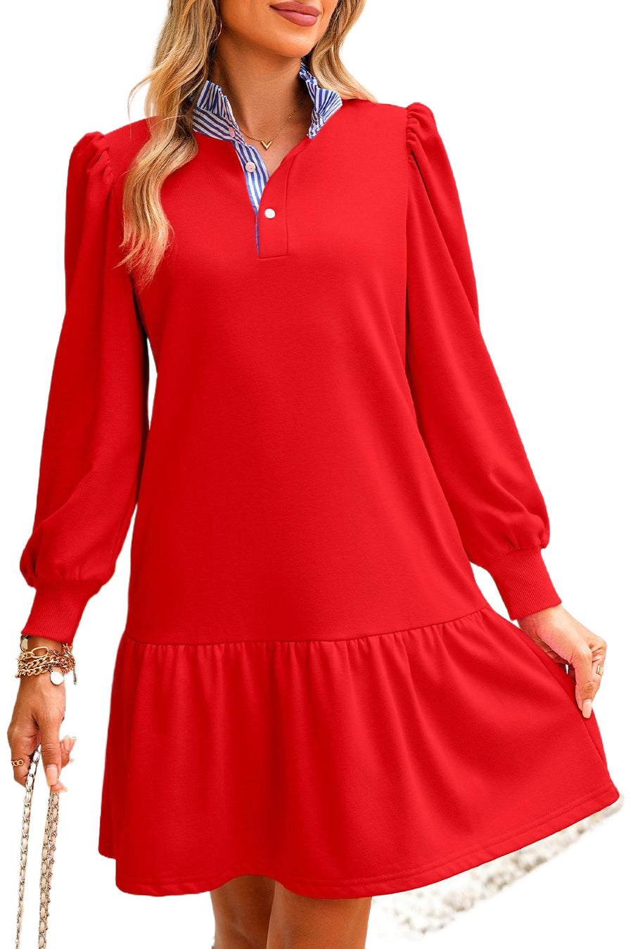 Striped Collar Long Sleeve Ruffle Hem Dress- 2 Colors