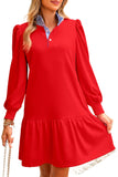 Striped Collar Long Sleeve Ruffle Hem Dress- 2 Colors