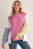 Pink Multi Waffle Patchwork Striped Sleeve Long Sleeve Shirt