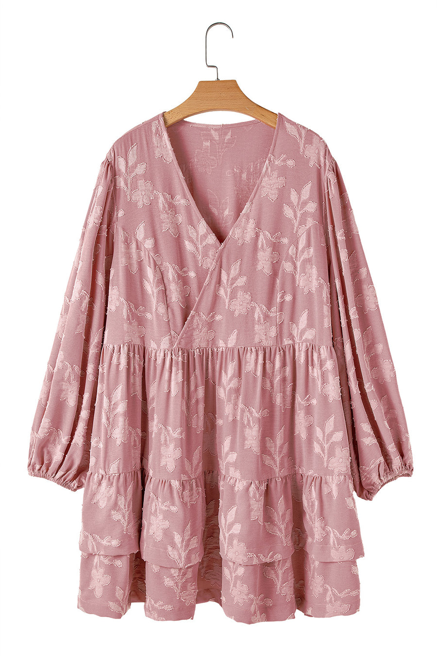 Plus Size Peach Floral Surplice V-Neck Long Sleeve Tiered Ruffle Mini Dress