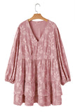 Plus Size Peach Floral Surplice V-Neck Long Sleeve Tiered Ruffle Mini Dress