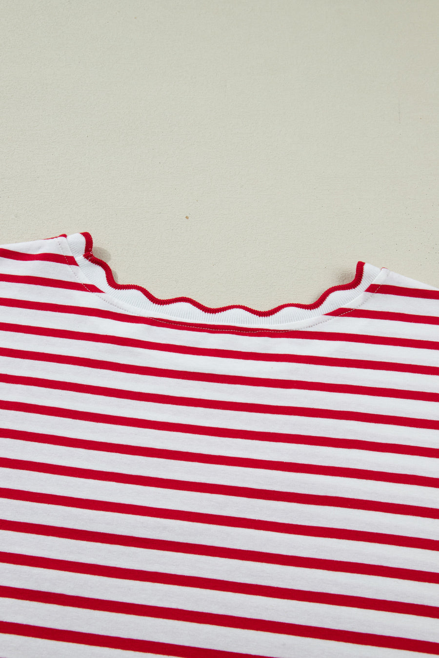 Plus Size Red Striped Scalloped Trim Crew Neck Short Sleeve T-Shirt