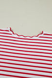 Plus Size Red Striped Scalloped Trim Crew Neck Short Sleeve T-Shirt