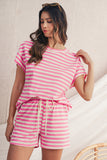Pink Striped Crew Neck T-Shirt and Drawstring Shorts Set