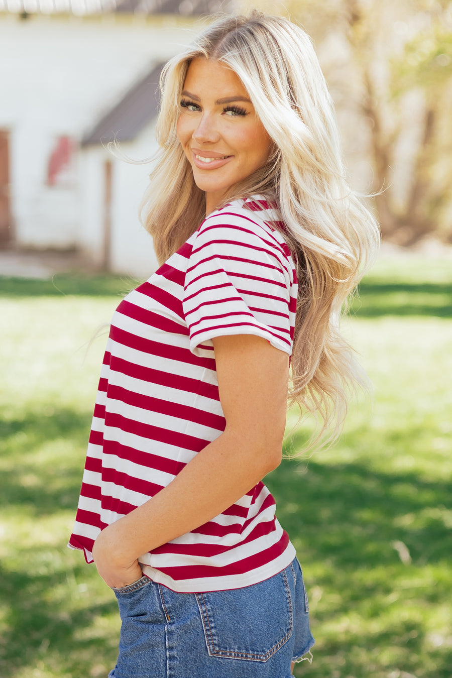 Red and White Striped Crew Neck T-Shirt