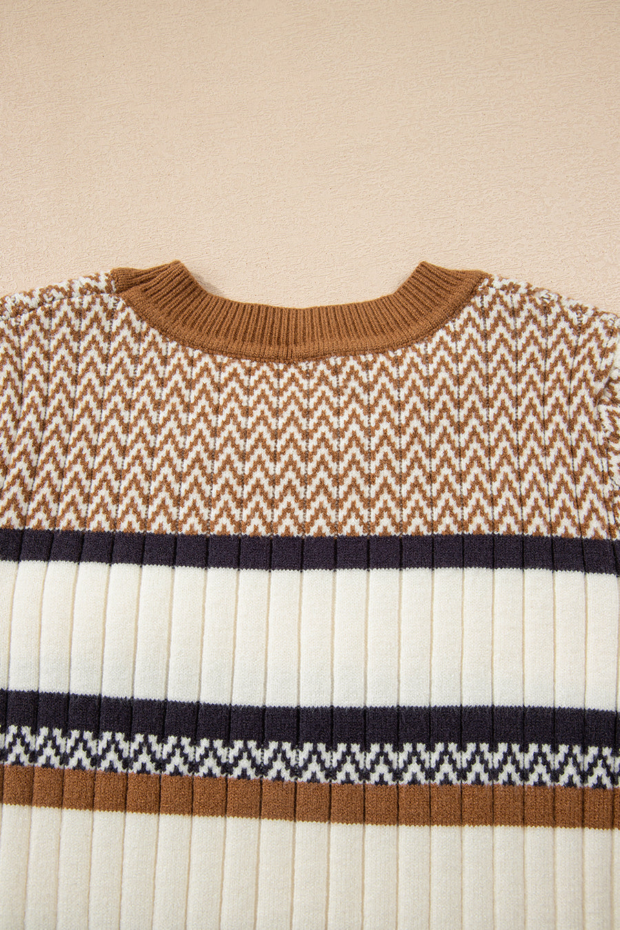 Brown Multi Striped Chevron Pattern Knit Ribbed Trim Slim Fit Sweater