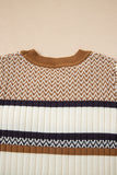 Brown Multi Striped Chevron Pattern Knit Ribbed Trim Slim Fit Sweater